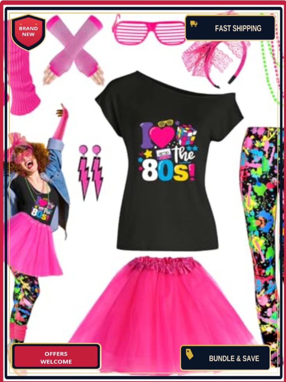 80s Costume Accessories Set Women T-Shirt Leggings Tutu Gloves Headband